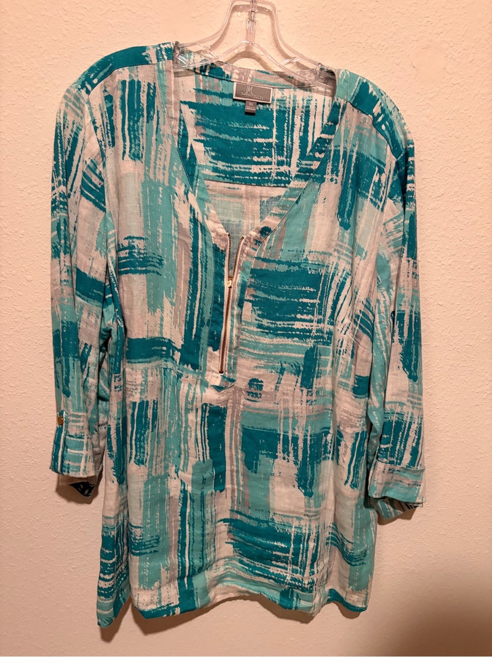 JM Collection Teal and White Brushstroke V-Neck Tunic